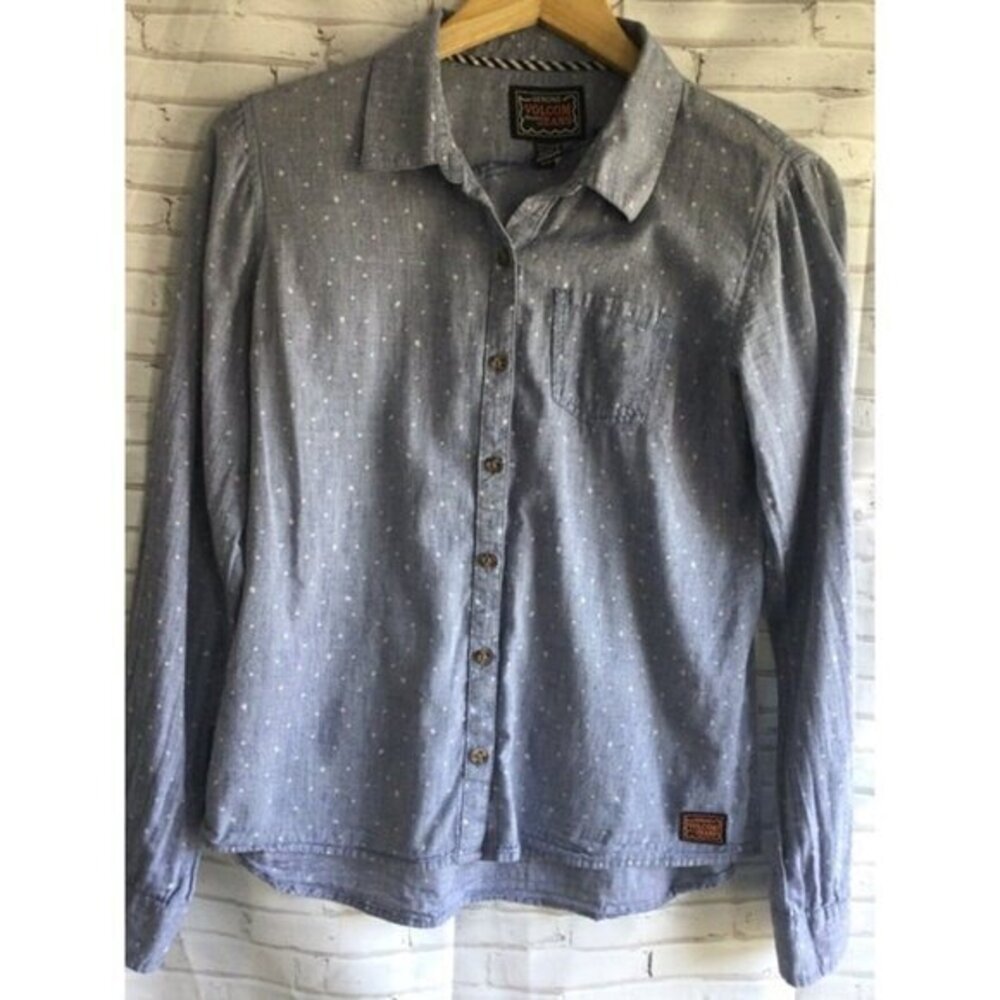 Volcom Jeans Womens Small Blue Polka Dot Chambray Button Down Long Sleeve Shirt‎